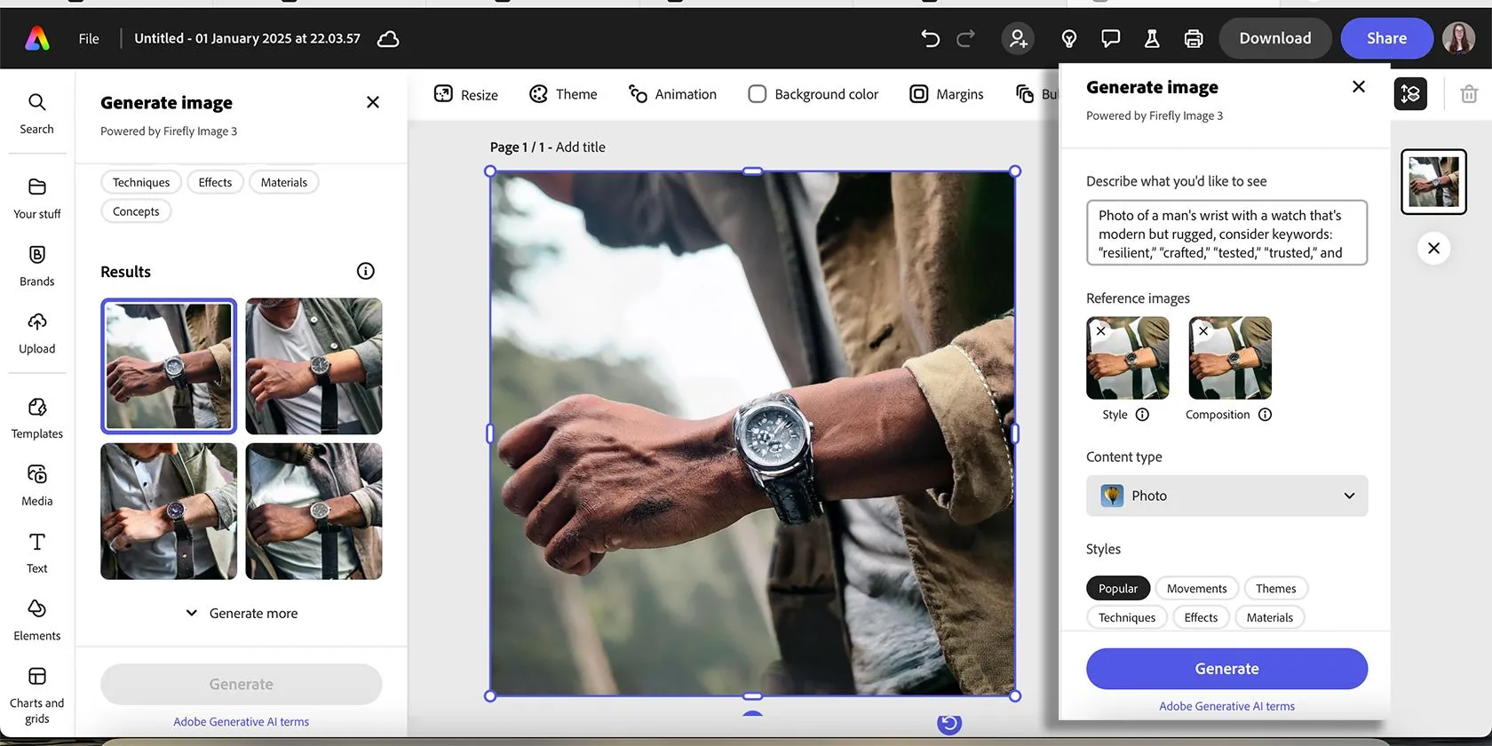 Hình ảnh đồng hồ phong cách sống được tạo ra bằng Adobe Express AI Image Generator, thể hiện tính năng AI trong thiết kế hình ảnh sản phẩm.