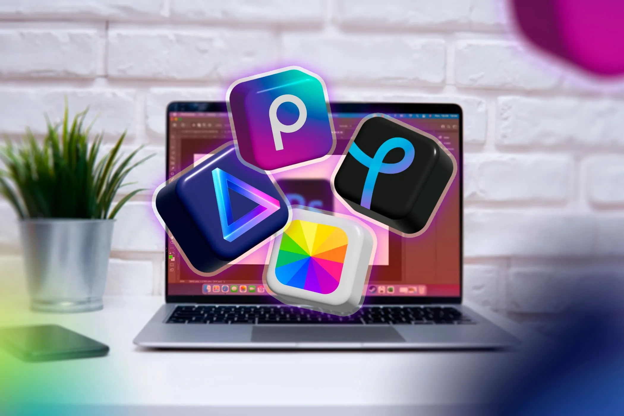 Hình ảnh máy tính xách tay chạy Photoshop với các phần mềm chỉnh sửa ảnh thay thế khác