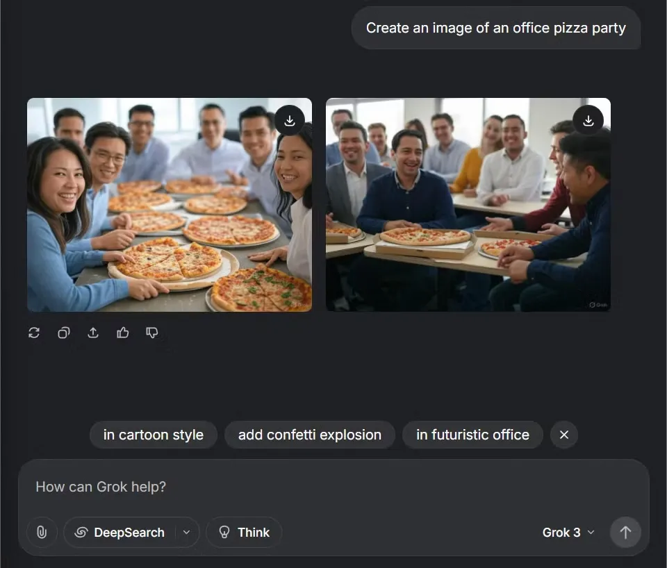 Hình ảnh minh họa bữa tiệc pizza được tạo bởi Grok Aurora với độ chân thực cao.