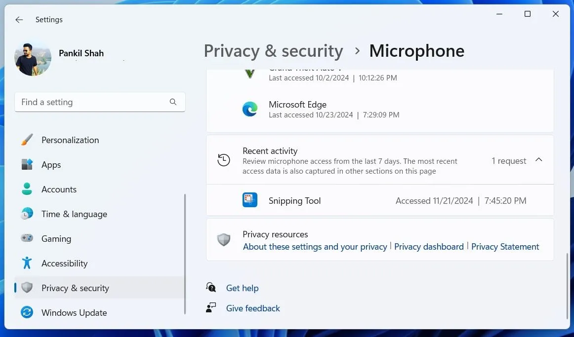 Hoạt động micro gần đây trong cài đặt quyền riêng tư Windows 11