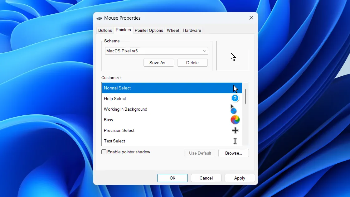 Hộp thoại Thuộc tính Chuột cổ điển trên Windows 11 cho phép tùy chỉnh con trỏ và tốc độ