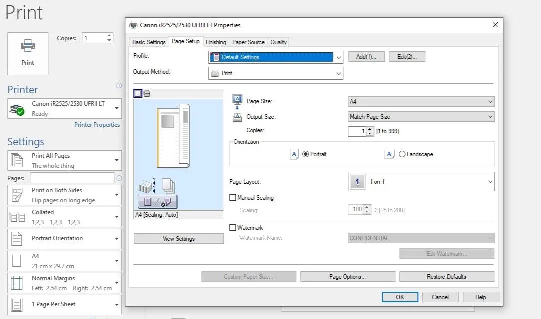 Hộp thoại thuộc tính máy in trong Microsoft Word với cài đặt tỷ lệ