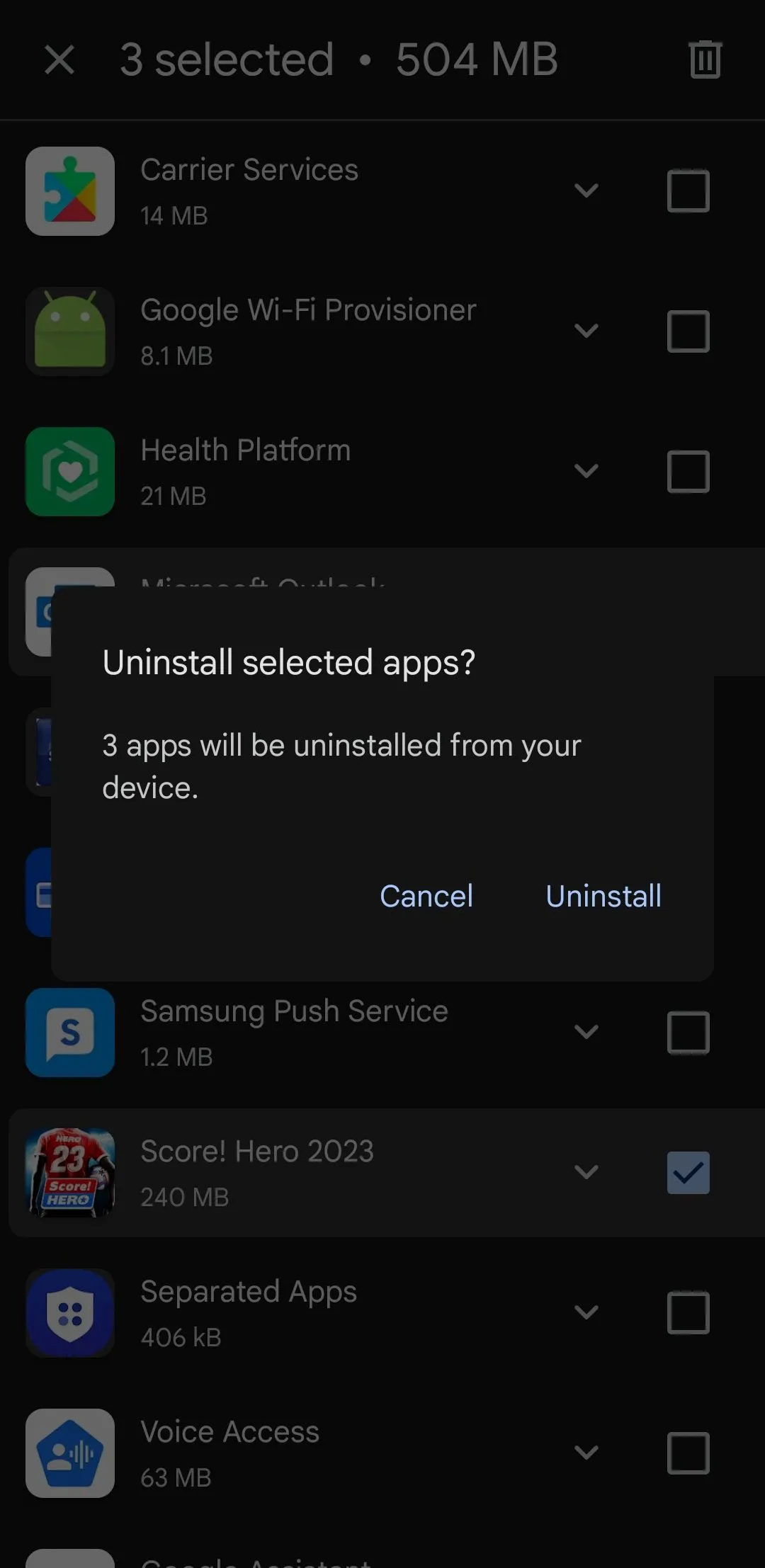Hộp thoại xác nhận gỡ cài đặt ứng dụng từ Google Play Store trên điện thoại Samsung