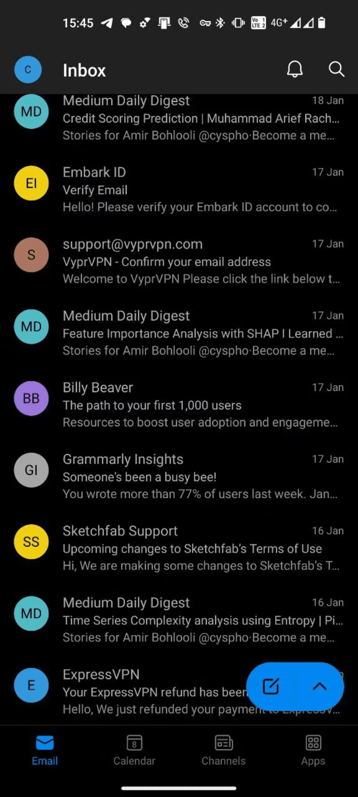Hộp thư đến của ứng dụng Outlook Mobile