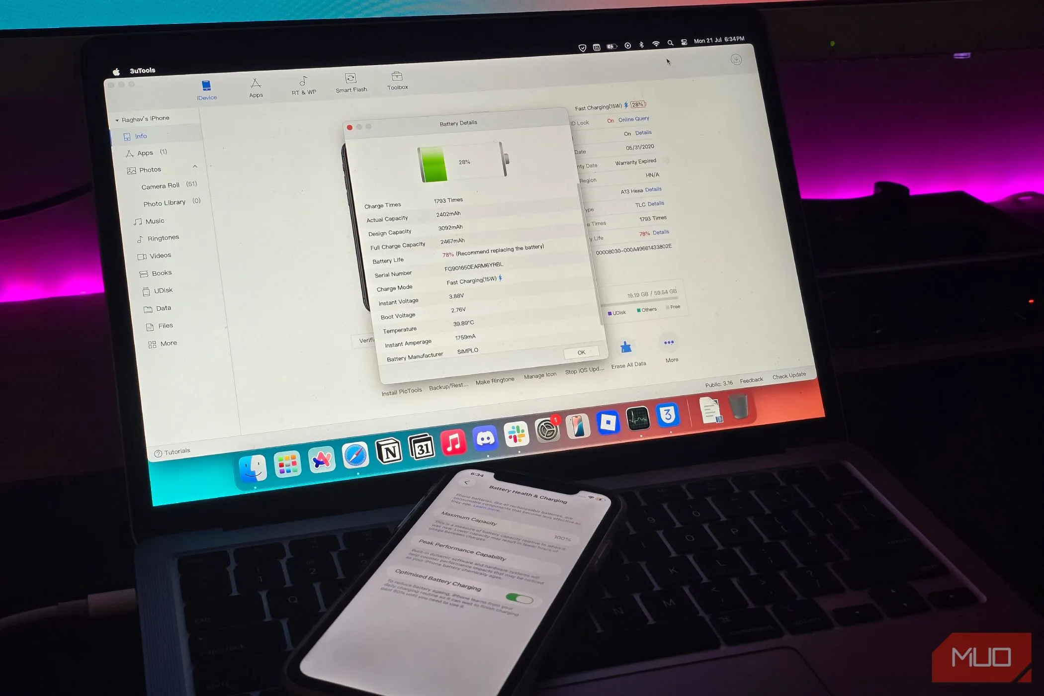 iPhone kết nối MacBook hiển thị chi tiết pin trên 3uTools
