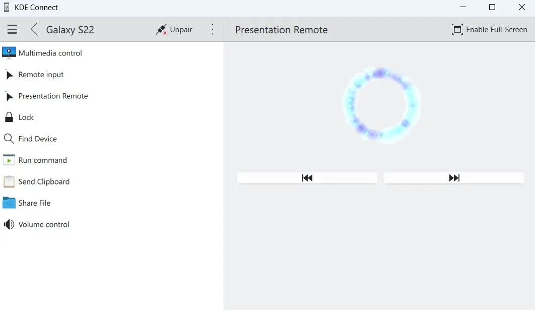 KDE Connect trên Windows hiển thị chế độ điều khiển thuyết trình với con trỏ laser ảo