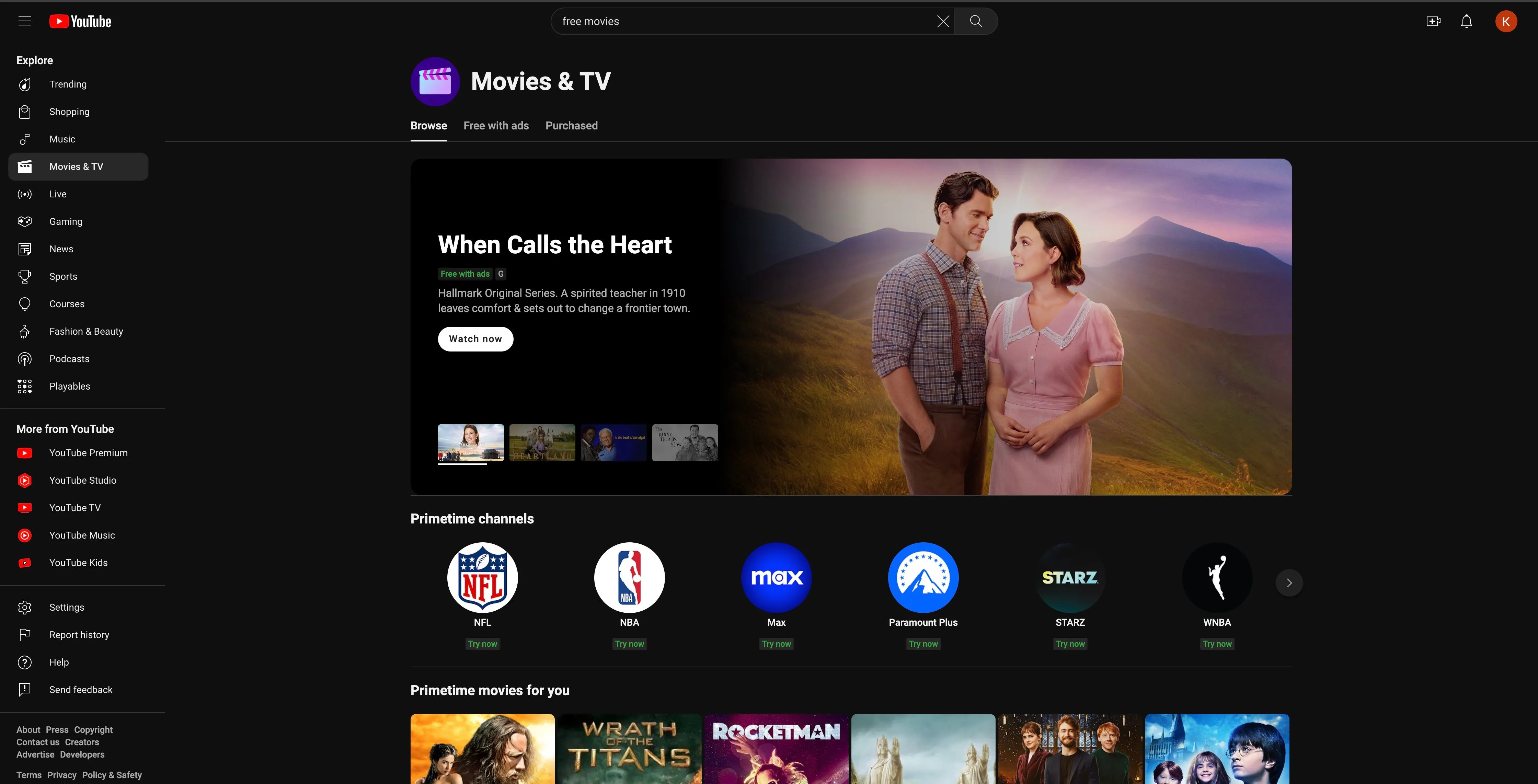 Kênh YouTube Phim Miễn Phí với quảng cáo phim When Calls the Heart
