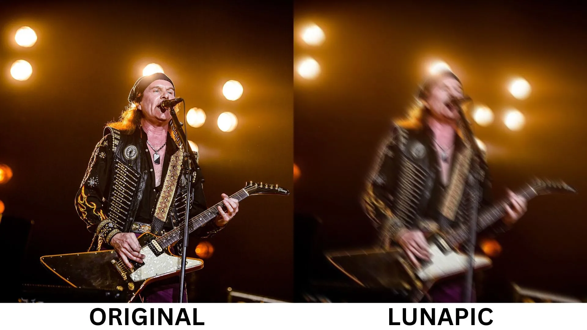 Kết quả tạo hiệu ứng motion blur toàn bộ ảnh bằng LunaPic, mang lại cảm giác năng lượng và nghệ thuật cho bức hình trình diễn nhạc rock.