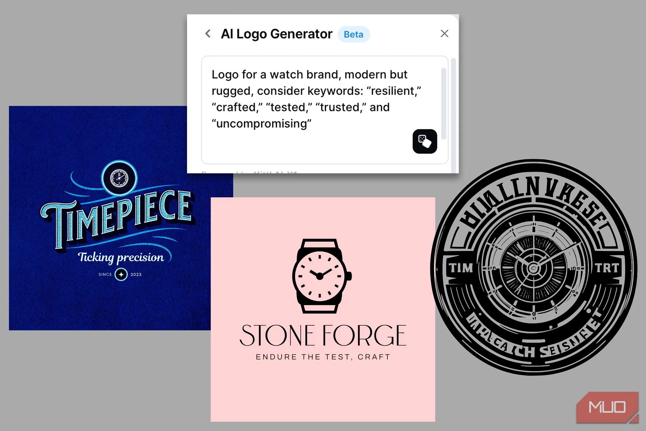 Kết quả tạo logo bằng Kittl AI với các lựa chọn thiết kế khác nhau cho thương hiệu đồng hồ.
