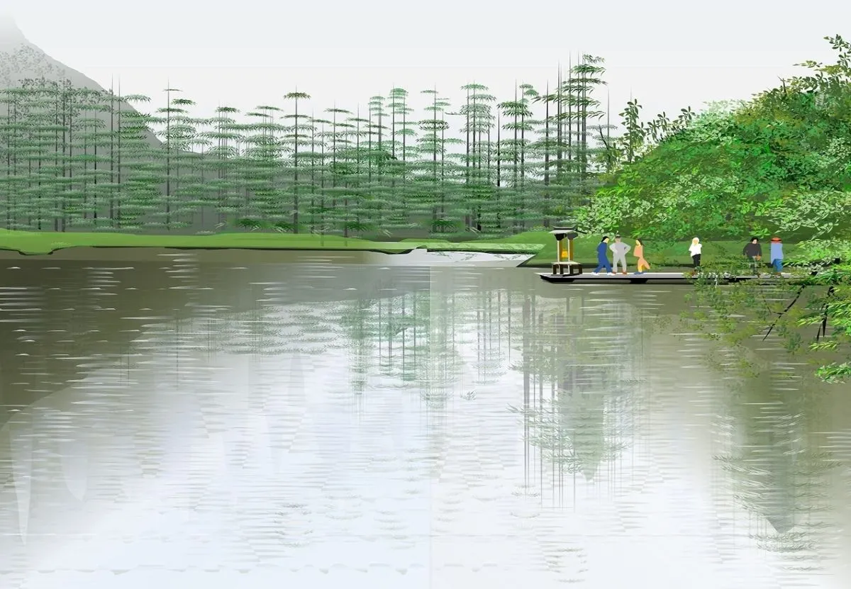 Khuôn viên đền Myojin với cây cối được tạo bằng Excel