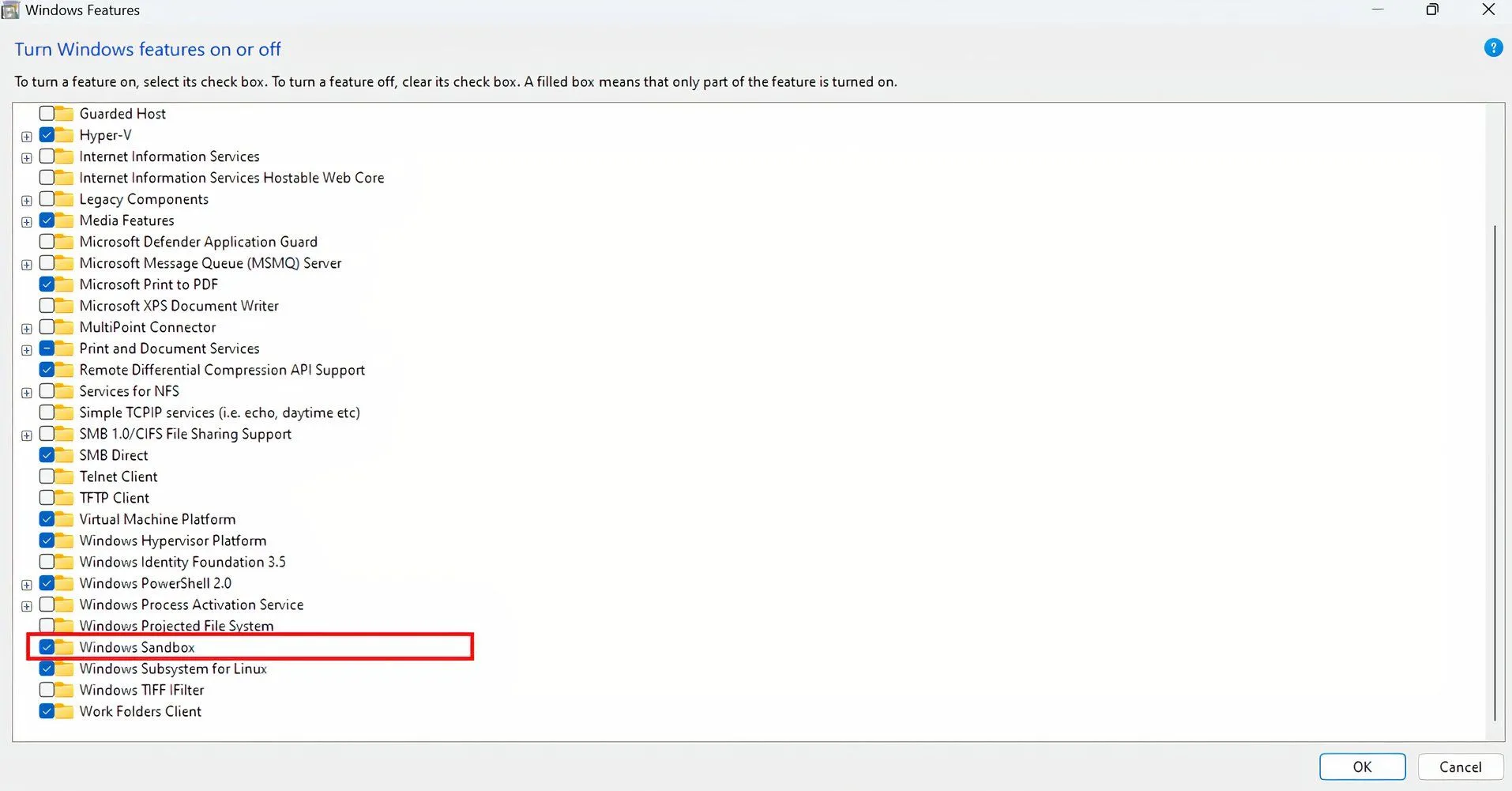 Kích hoạt tính năng Hộp cát Windows từ cửa sổ Windows Features trên hệ điều hành