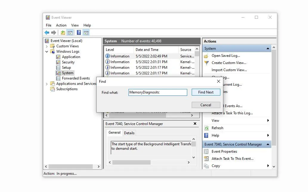 Kiểm tra kết quả chẩn đoán bộ nhớ RAM bằng công cụ Event Viewer trên Windows 10