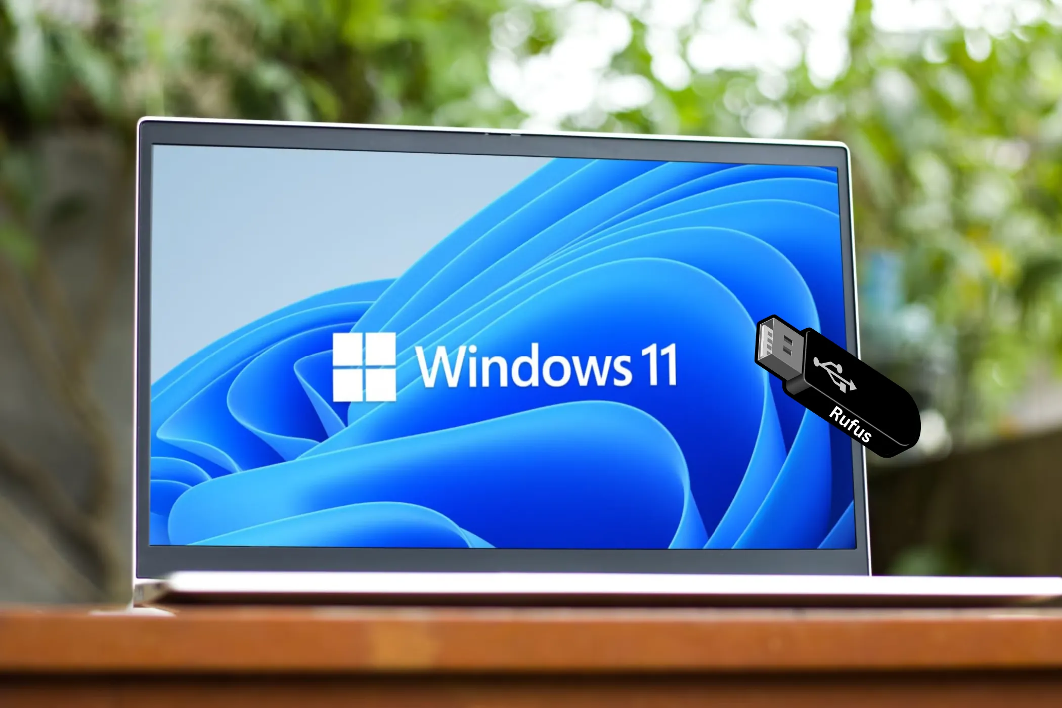 Laptop hiển thị logo và hình nền Windows 11 cùng với biểu tượng USB có logo Rufus, ám chỉ việc cài đặt Windows 11