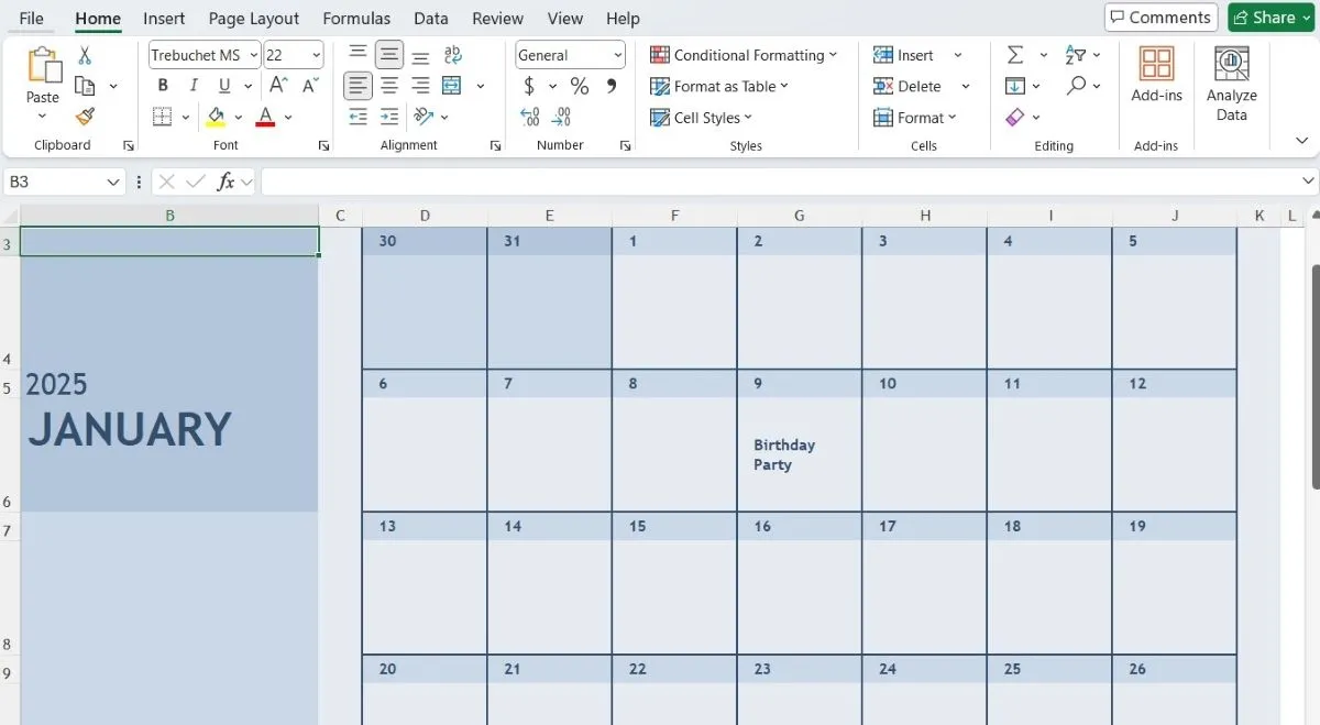 Lịch hiển thị tháng Giêng trong Excel