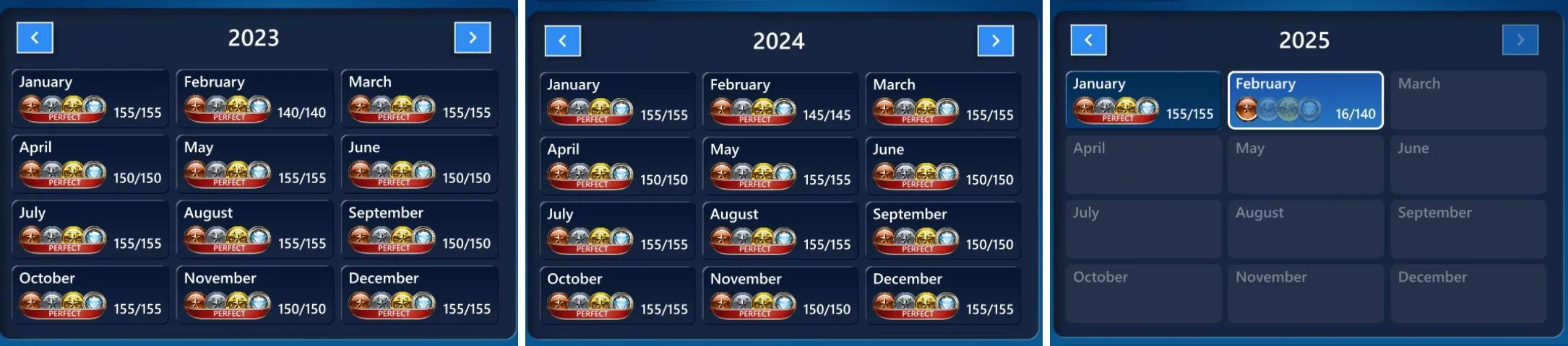 Lịch thử thách hàng ngày trong Microsoft Solitaire trên PC, thể hiện sự kiên trì và tích lũy thói quen theo thời gian.