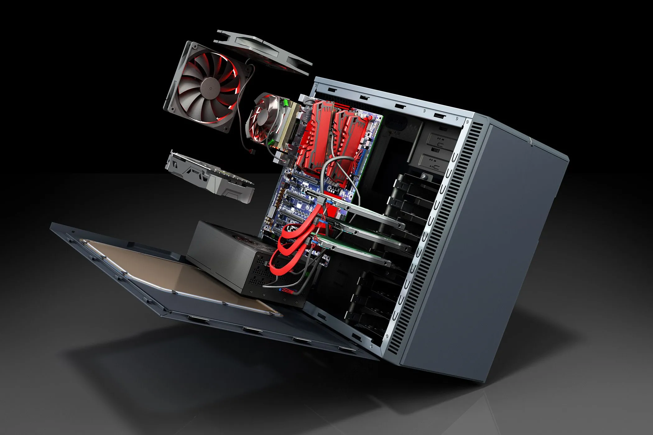 Linh kiện bên trong thùng máy tính để bàn PC mở nắp, cho thấy khả năng nâng cấp module dễ dàng