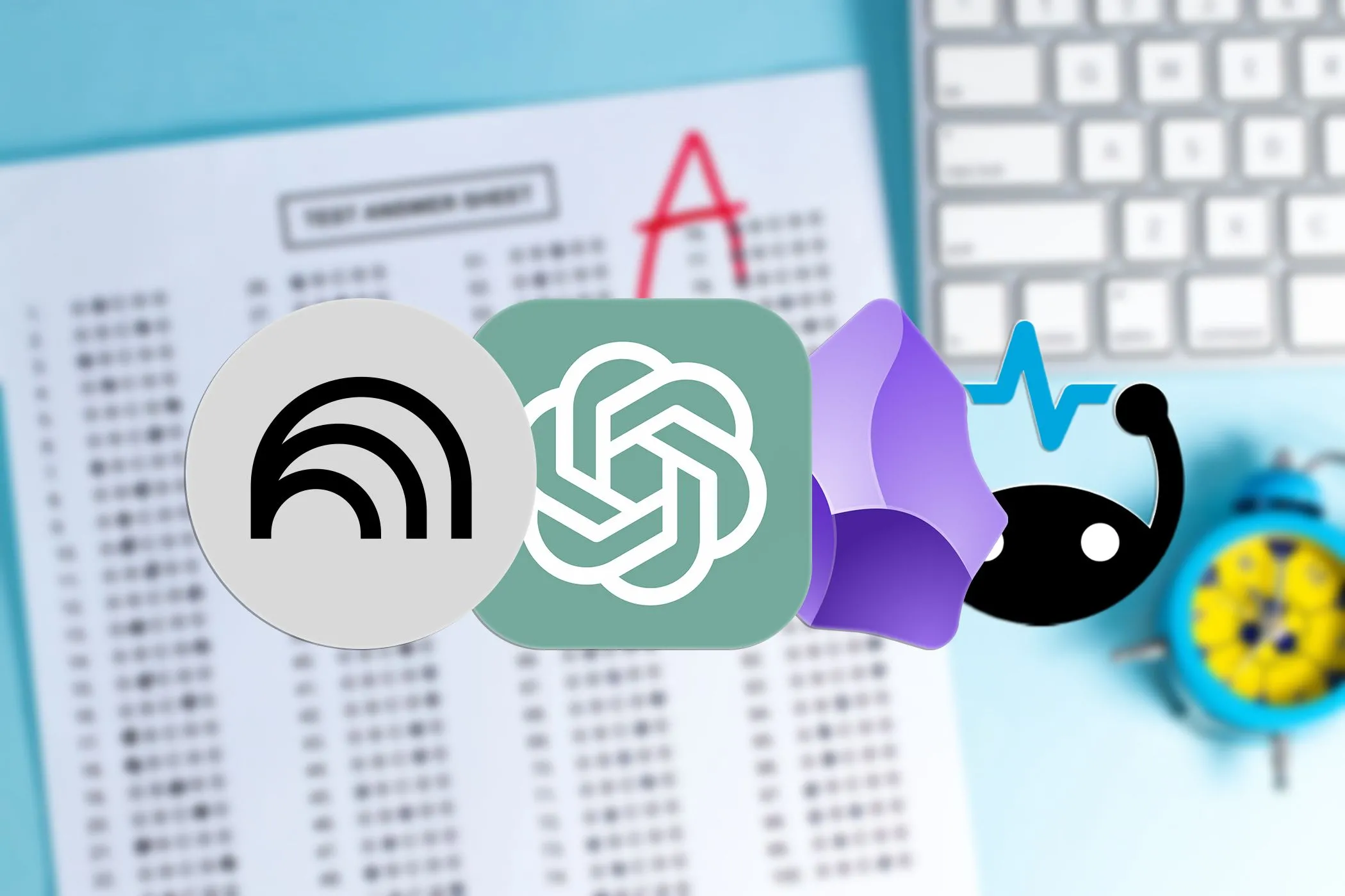 Logo của ChatGPT, NotebookLM, Obsidian và Brainscape trên nền một bài kiểm tra bị làm mờ, thể hiện sự kết hợp các công cụ học tập AI