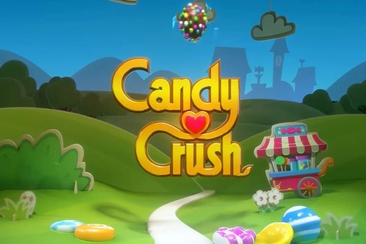Logo game Candy Crush Saga trên nền xanh vui nhộn