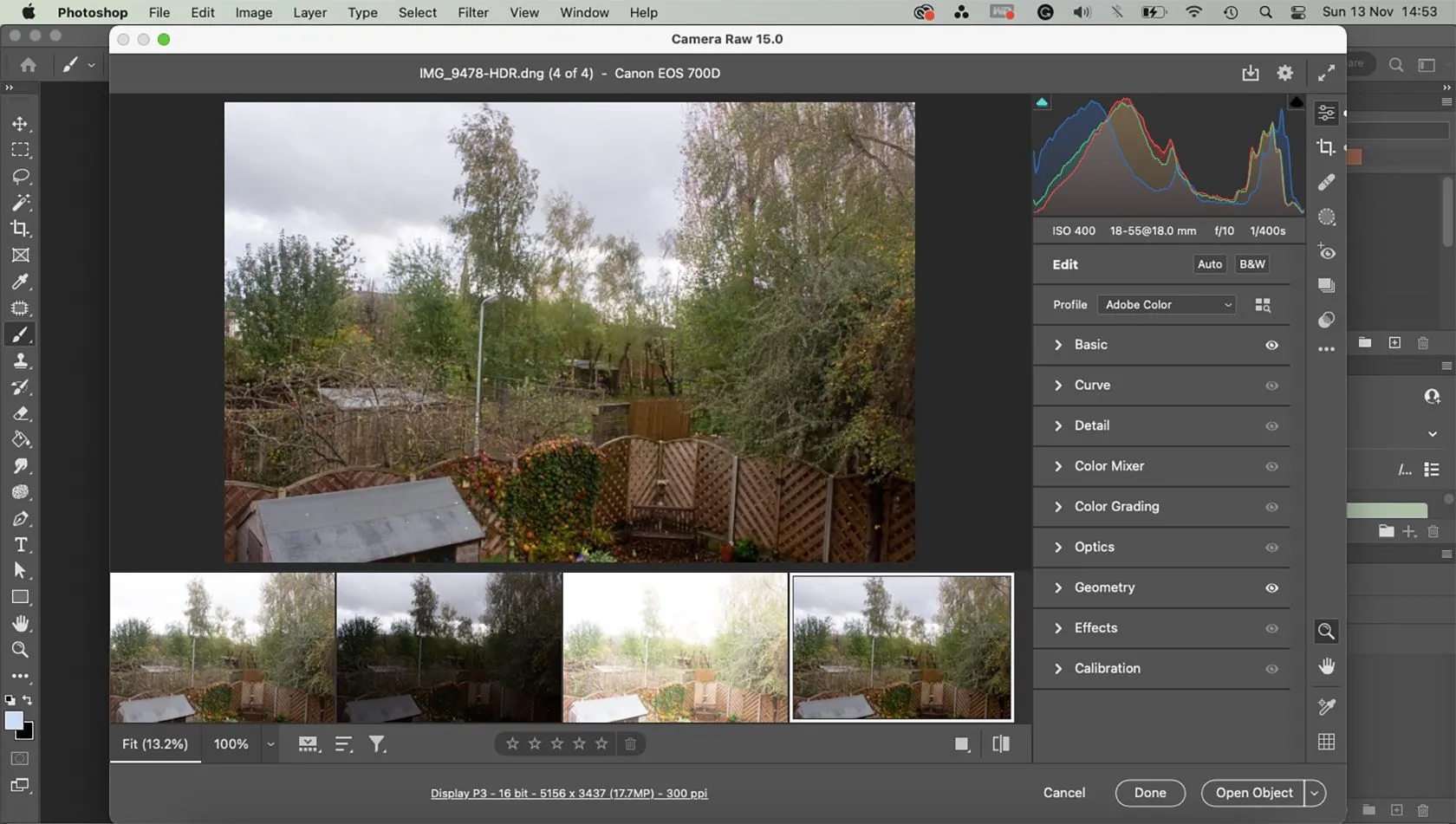 Màn hình Adobe Photoshop với plugin Camera Raw mở, chỉnh sửa ảnh RAW