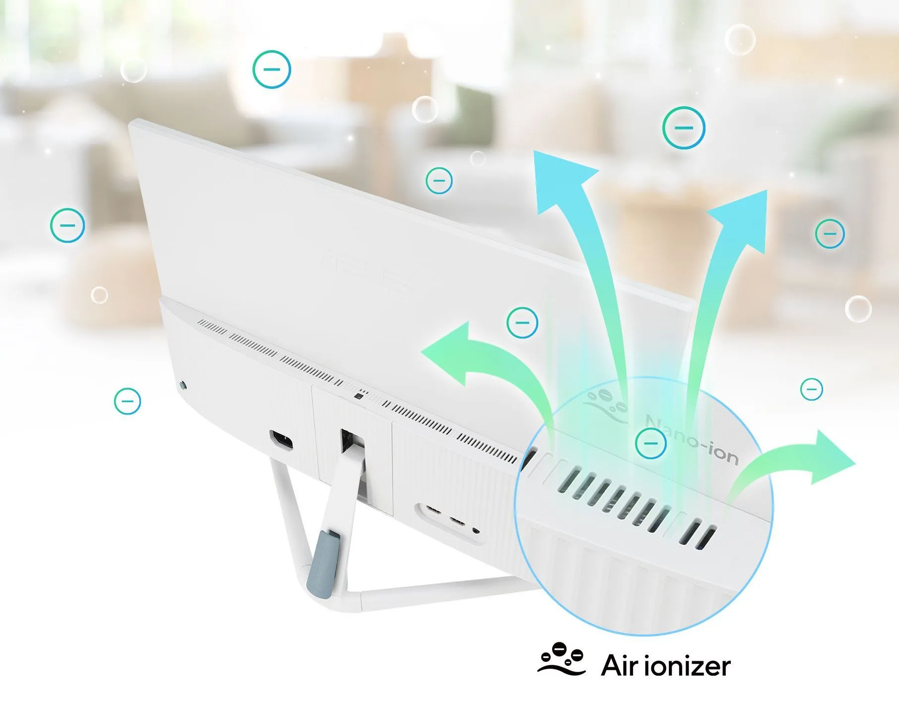 Màn hình Asus VU Air Ionizer với công nghệ tạo ion nano giúp làm sạch không khí xung quanh