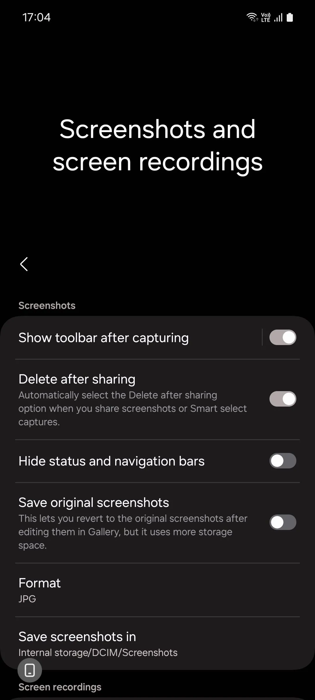 Màn hình cài đặt Ảnh chụp màn hình và ghi màn hình trên Samsung One UI 6.1, hiển thị tùy chọn "Xóa sau khi chia sẻ"