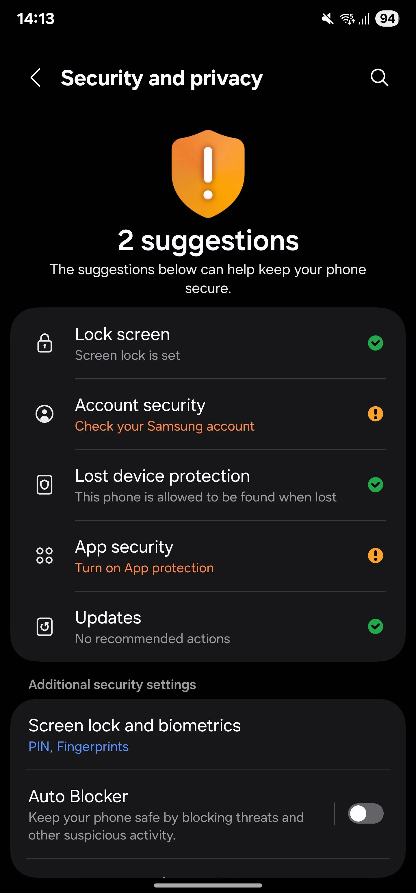 Màn hình cài đặt 'Bảo mật và quyền riêng tư' trên điện thoại Samsung Galaxy.