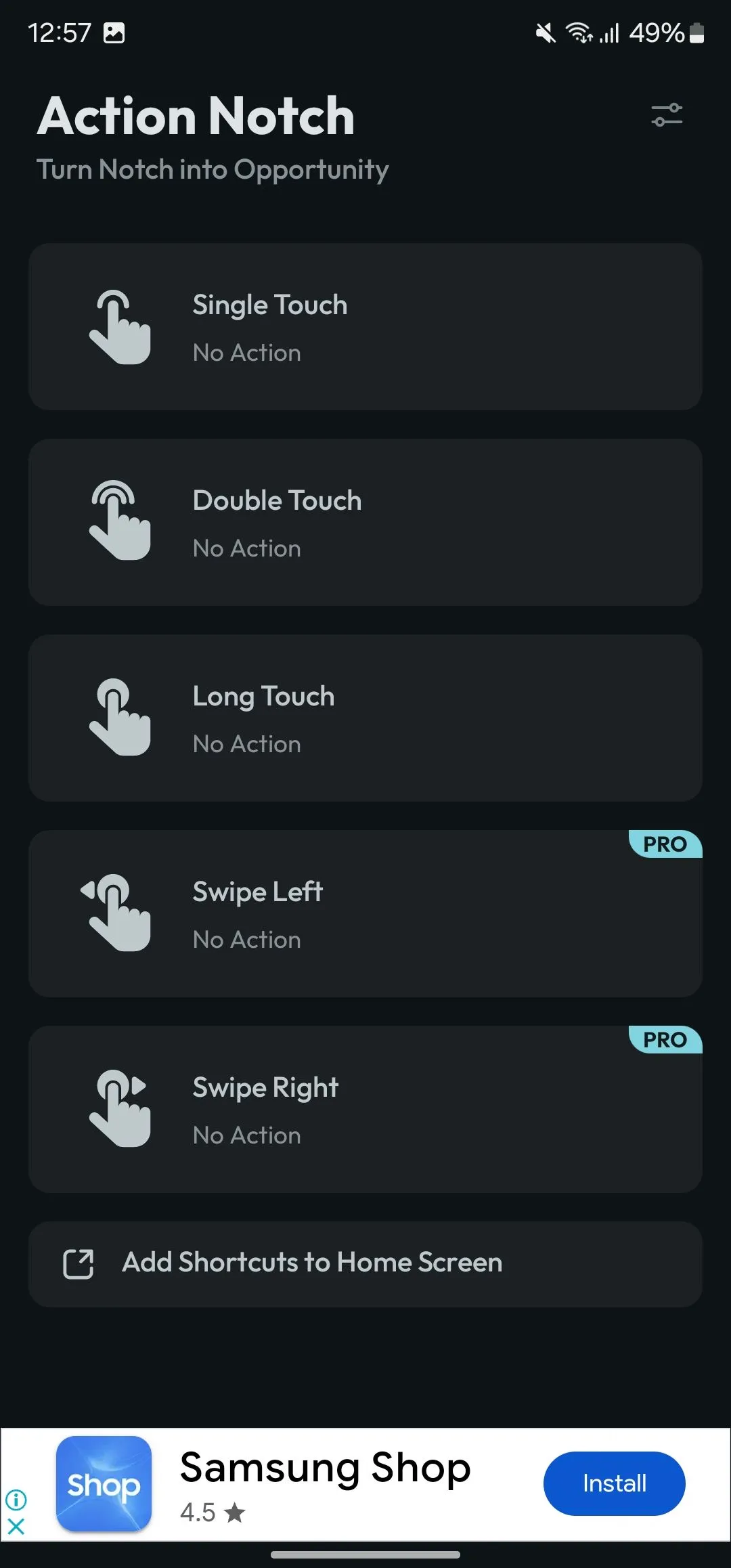 Màn hình cài đặt cử chỉ &quot;Single Touch&quot; trong Action Notch, hiển thị tùy chọn &quot;Scroll to Top&quot; để cuộn trang lên đầu.