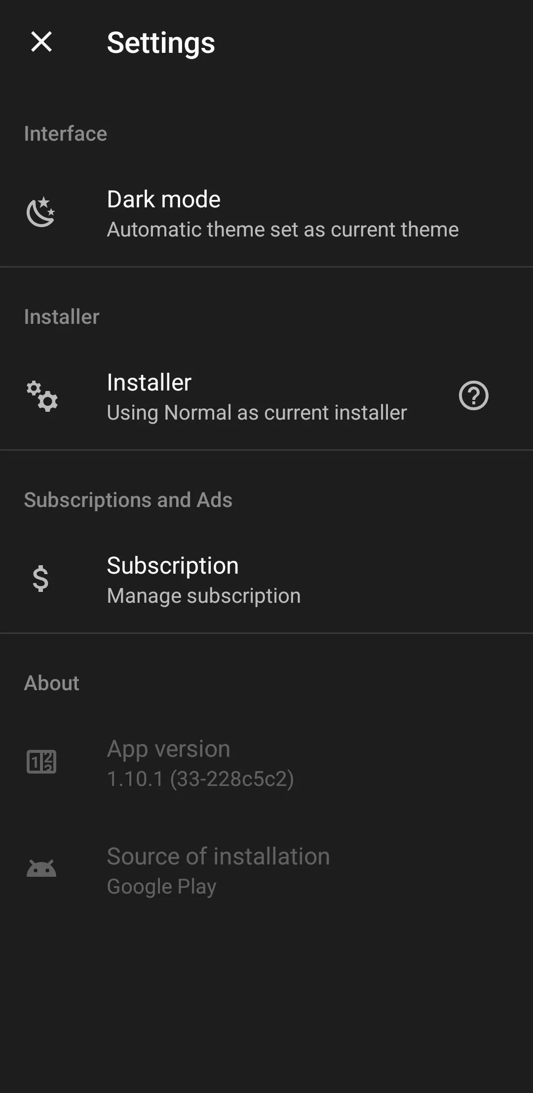 Màn hình cài đặt của APKMirror Installer, cho phép tùy chỉnh các tùy chọn cài đặt file APK.