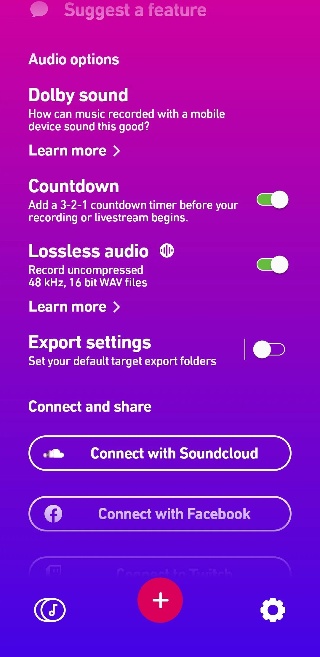 màn hình cài đặt của ứng dụng Dolby On