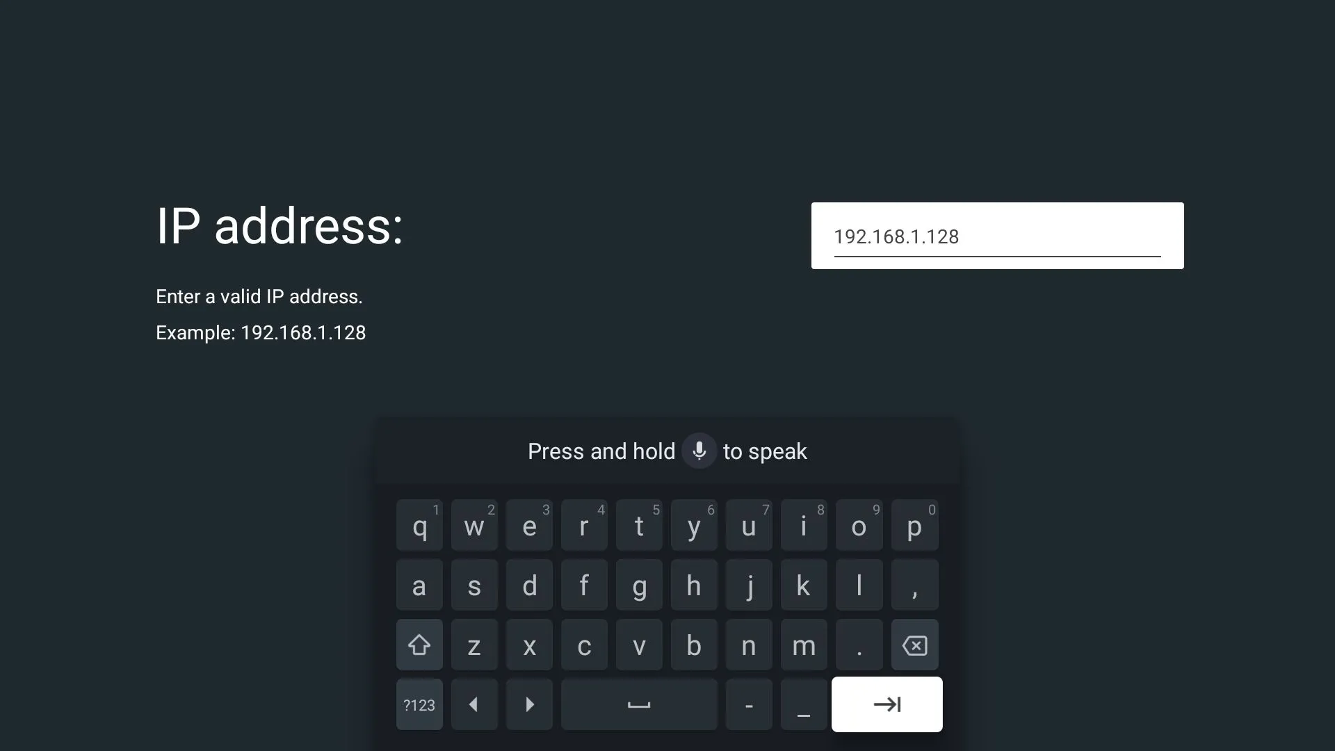 Màn hình cài đặt Địa chỉ IP trên Google TV