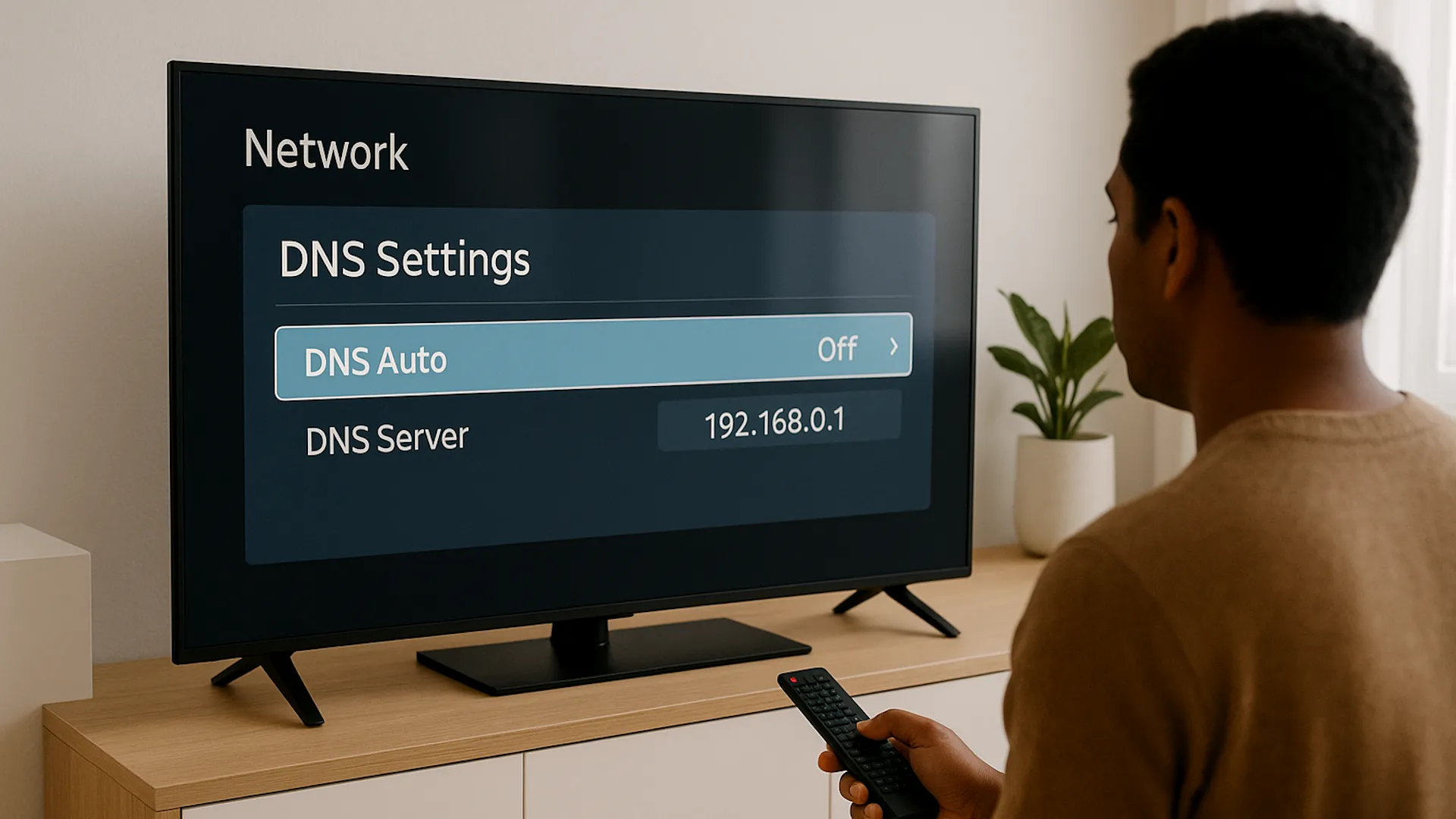 Màn hình cài đặt DNS trên Smart TV, cho phép người dùng thay đổi địa chỉ máy chủ DNS.