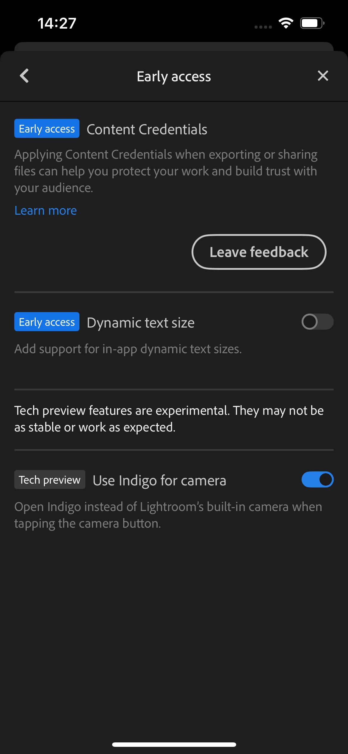 Màn hình cài đặt &quot;Early Access&quot; trong ứng dụng Lightroom Mobile, cho phép kích hoạt tích hợp Project Indigo.