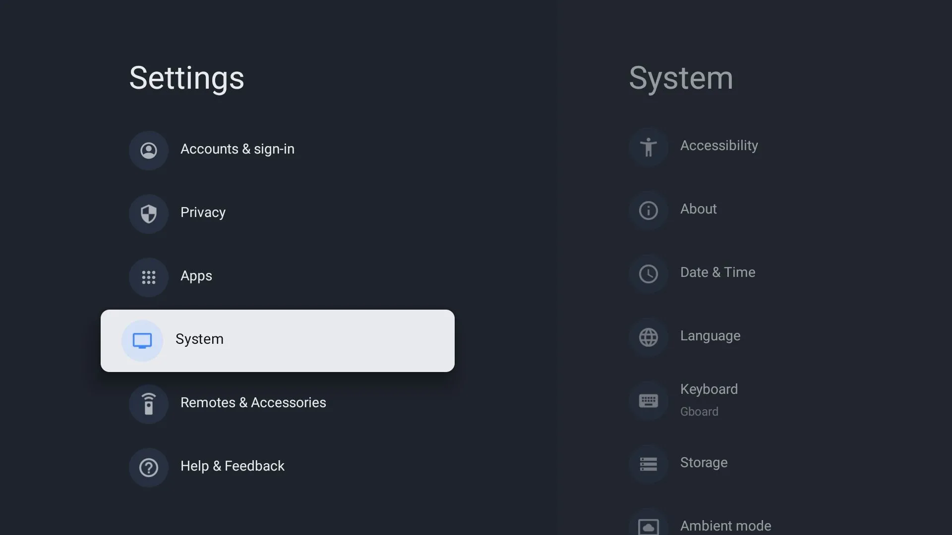 Màn hình cài đặt Hệ thống (System) trên Google TV