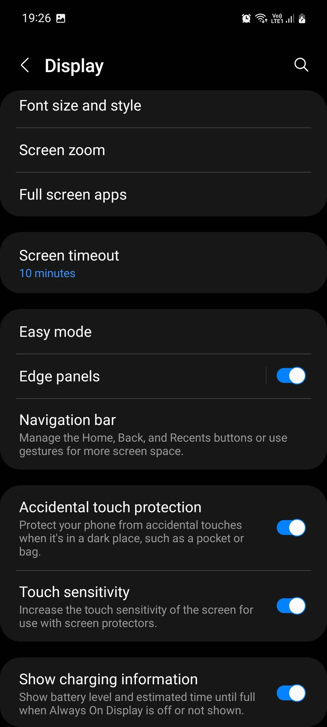 Màn hình cài đặt hiển thị trên Samsung Galaxy