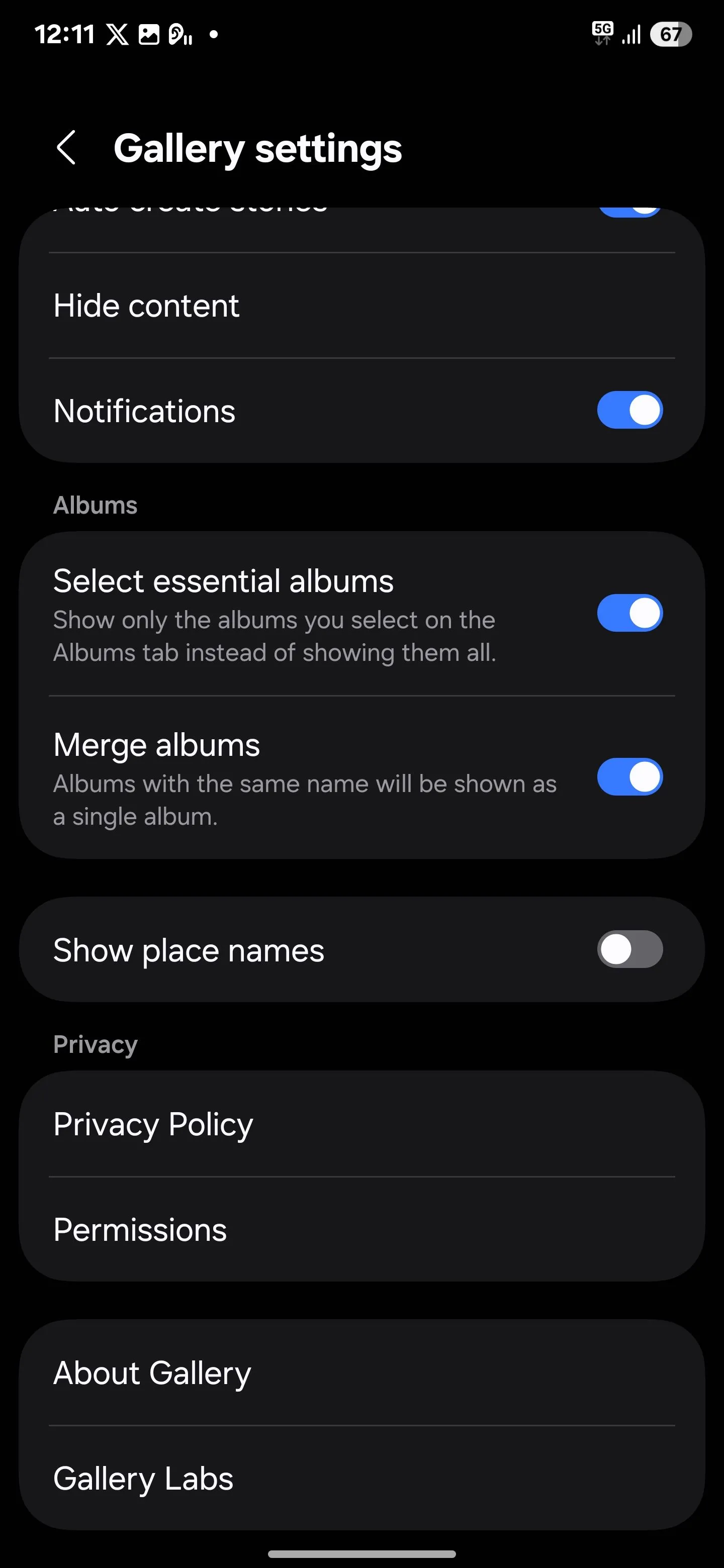 Màn hình cài đặt Thư viện cho thấy Gallery Labs đã được kích hoạt trên Samsung Galaxy.