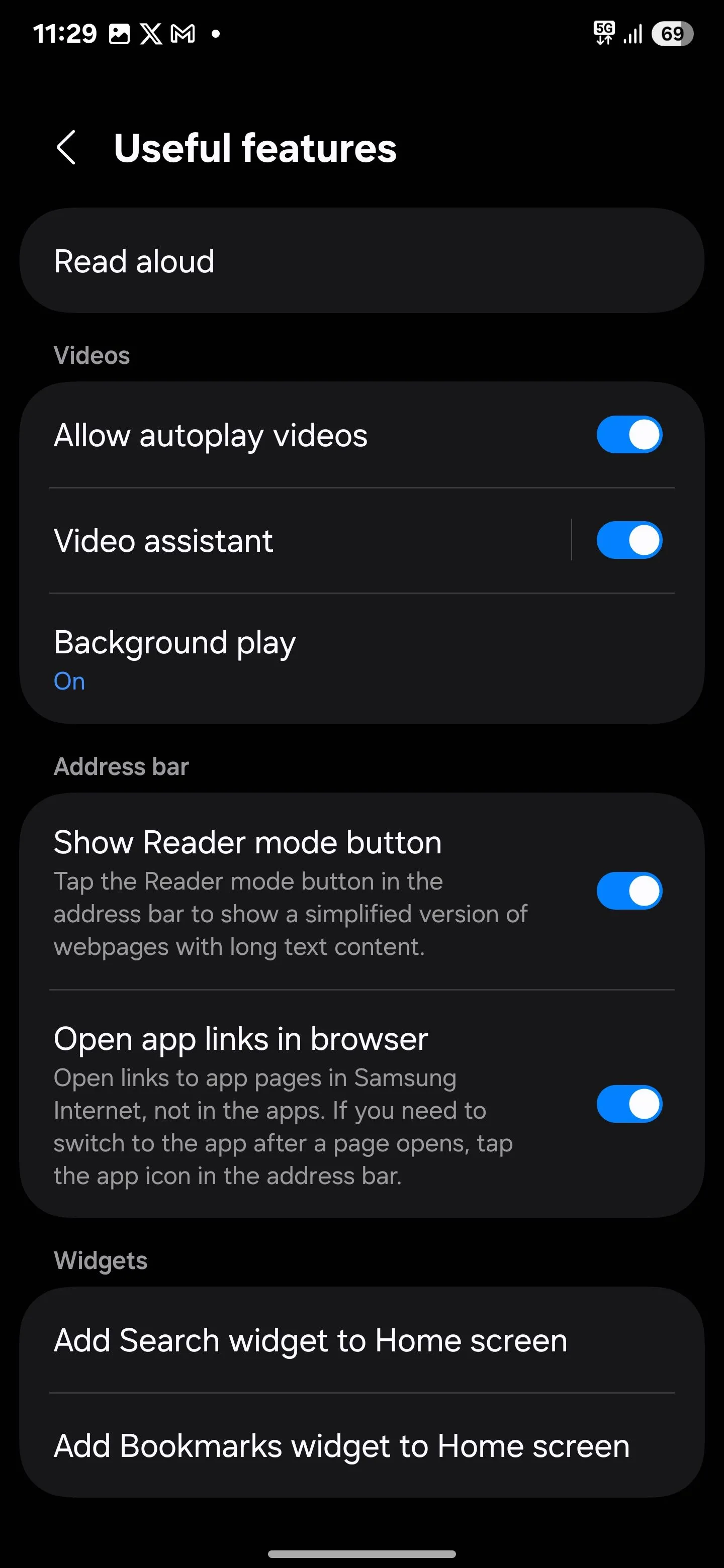 Màn hình cài đặt tính năng phát nền trong Samsung Internet, cho phép nghe YouTube khi tắt màn hình.