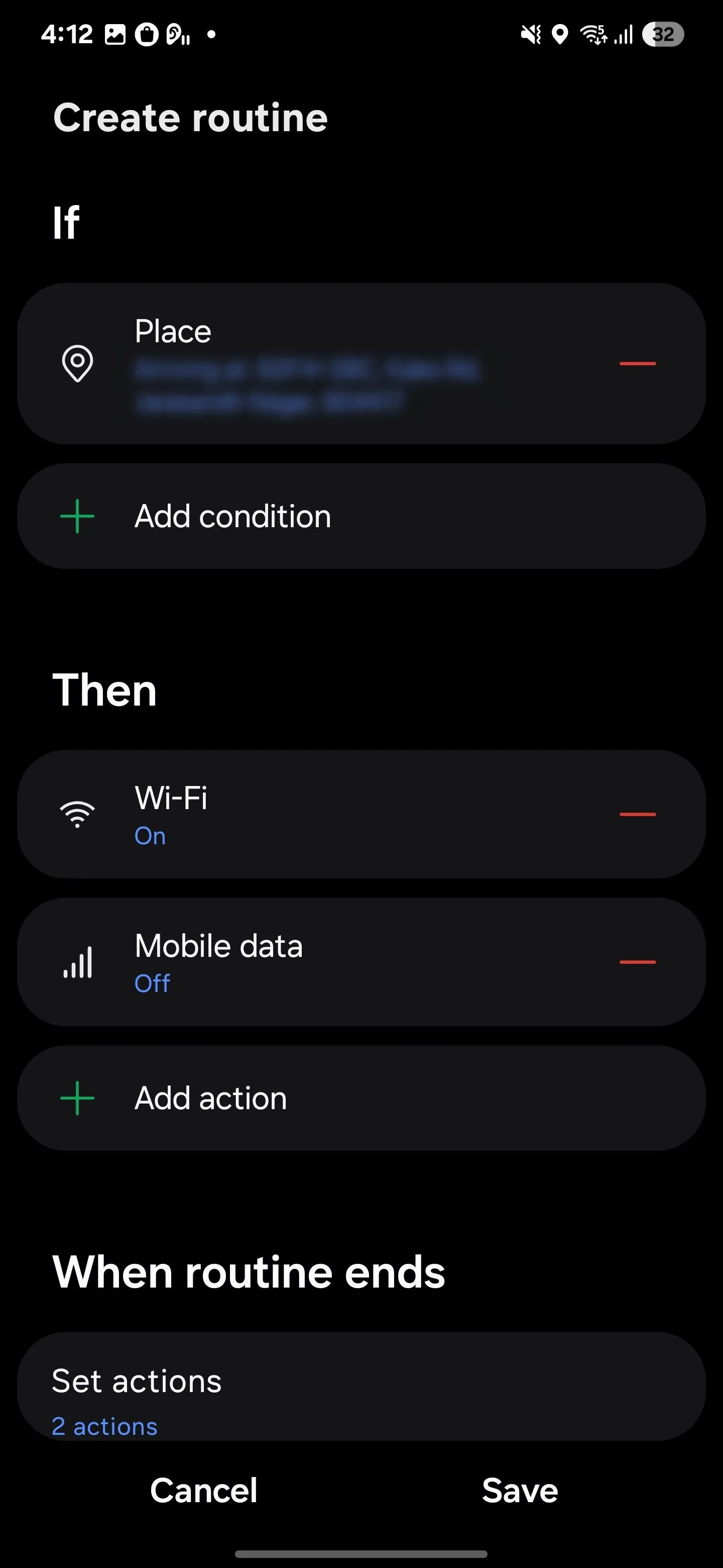 Màn hình cài đặt tự động bật Wi-Fi và tắt dữ liệu di động trong Samsung Routines
