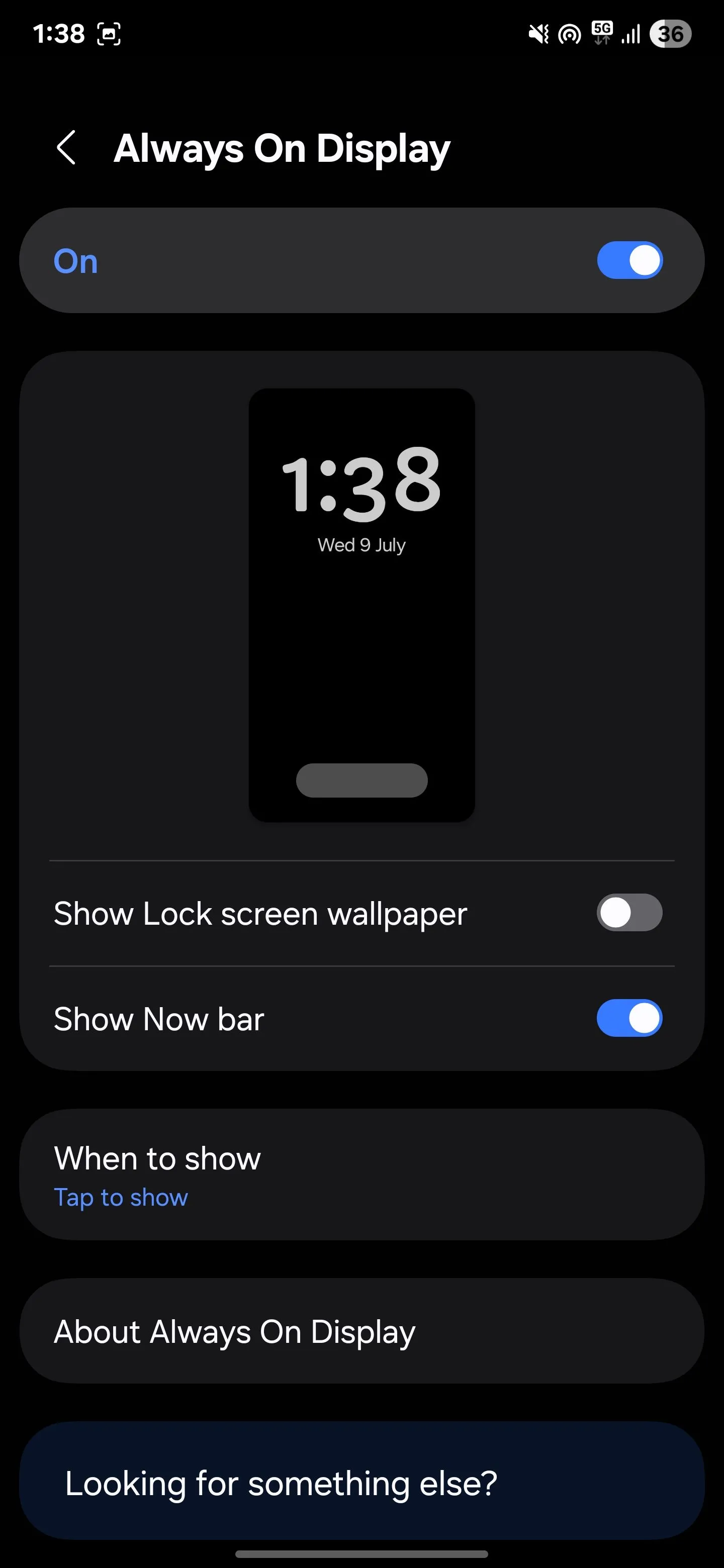 Màn hình cài đặt tùy chọn hiển thị cho tính năng Always-On Display trên điện thoại Samsung, tối ưu hóa thời lượng pin.