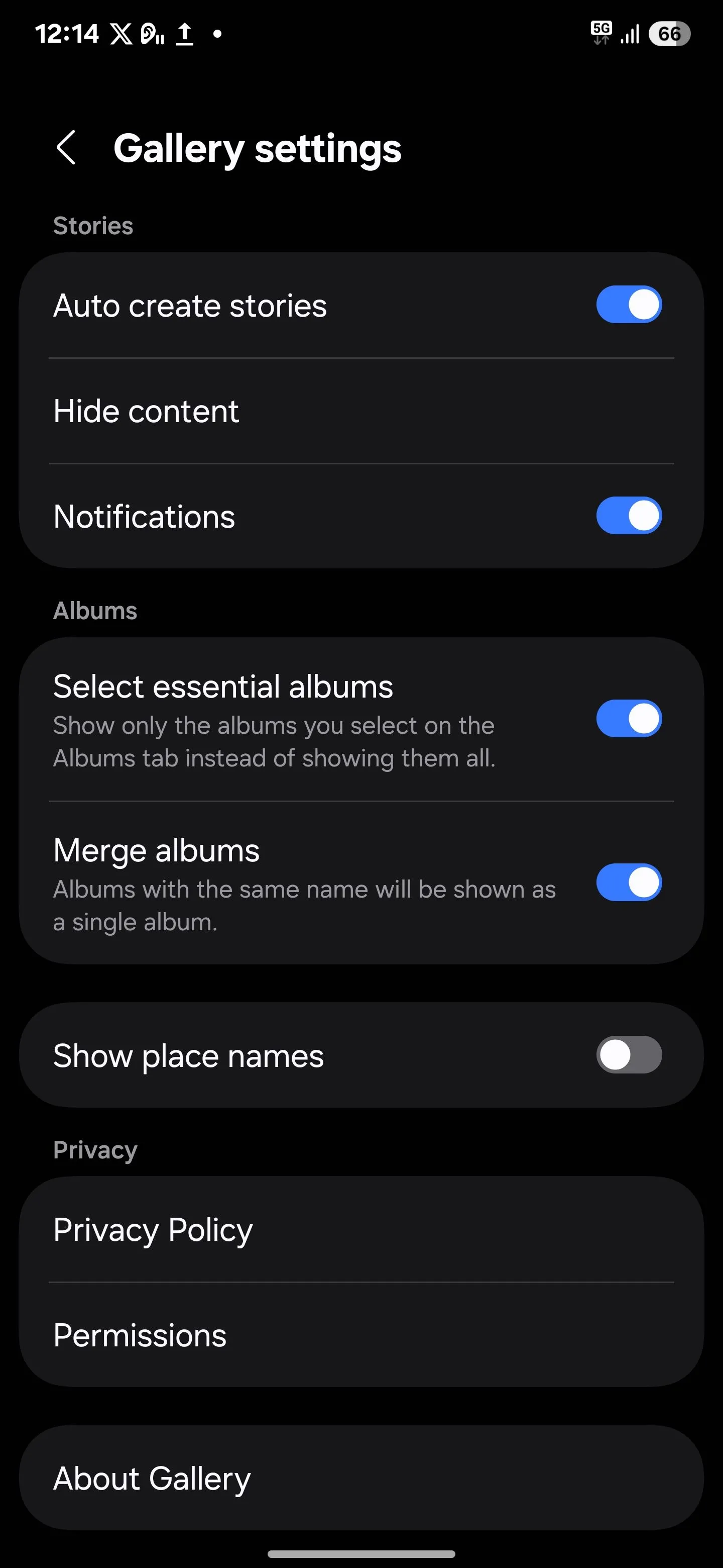 Màn hình cài đặt ứng dụng Thư viện (Gallery Settings) trên Samsung, hiển thị mục &quot;Thông tin Thư viện&quot;.
