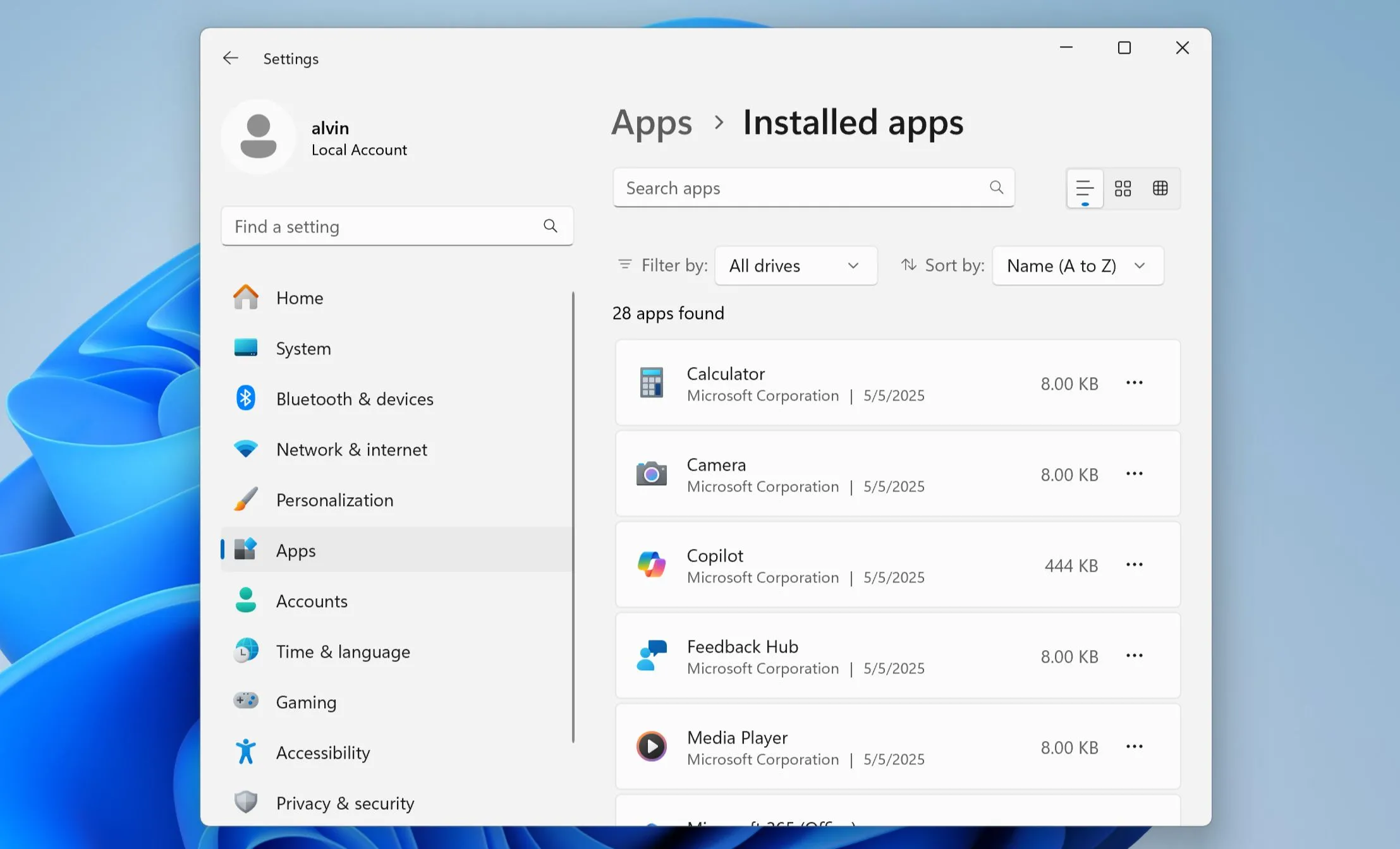 Màn hình Cài đặt Windows 11 hiển thị danh sách các ứng dụng đã cài đặt