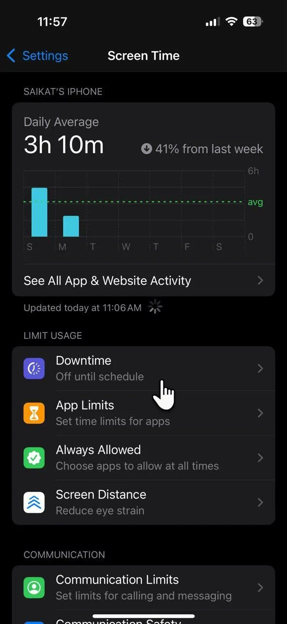 Màn hình cấu hình tính năng Thời gian nghỉ (Downtime) trong phần Giới hạn sử dụng của Screen Time trên iPhone