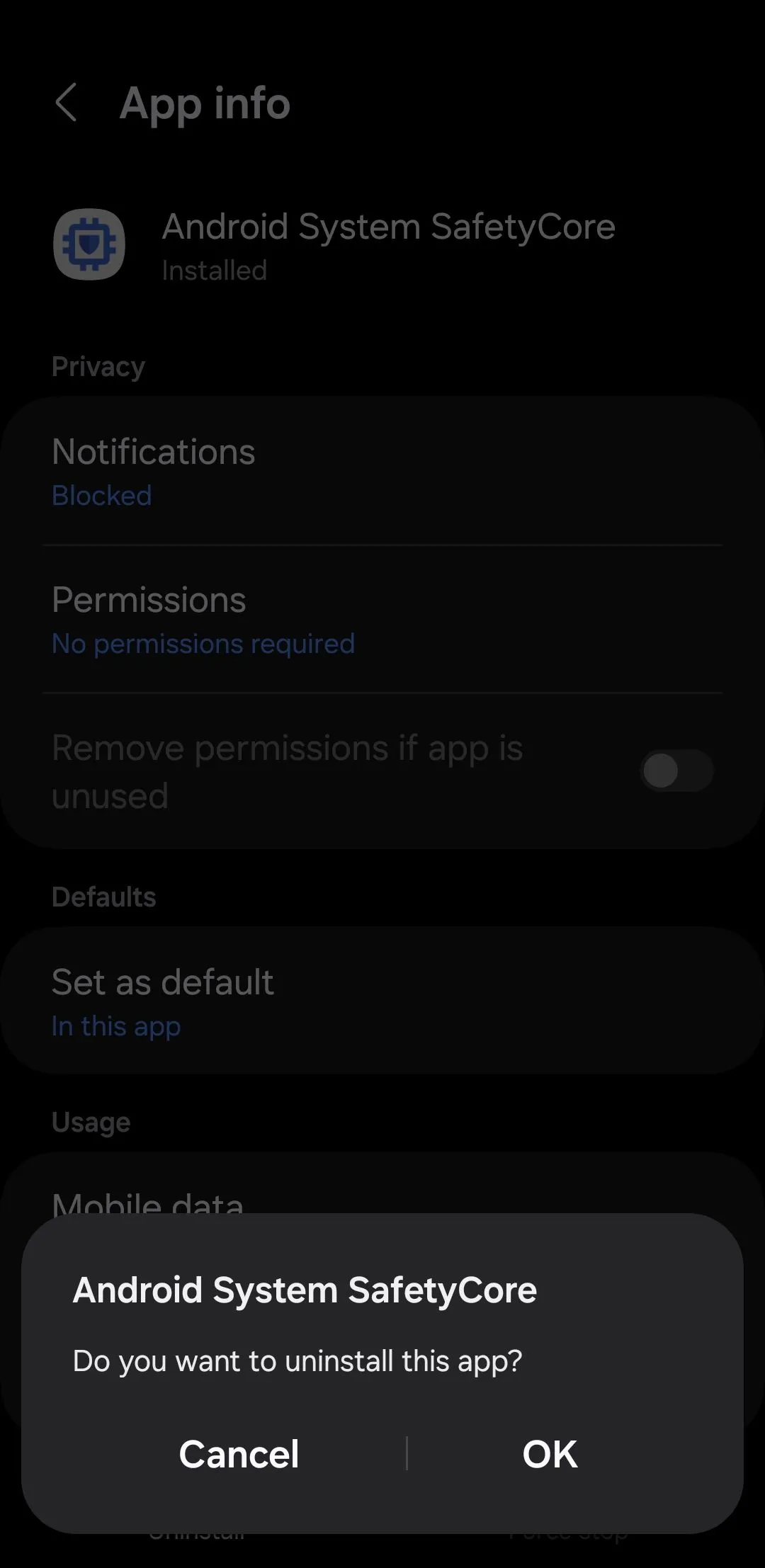 Màn hình chi tiết ứng dụng Android System SafetyCore trên Android với tùy chọn gỡ cài đặt