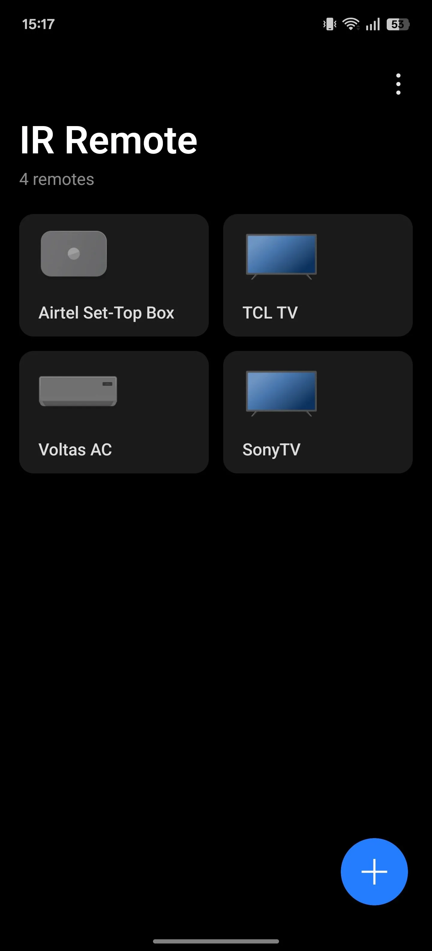 Màn hình chính của ứng dụng IR Remote trên điện thoại OnePlus, nơi quản lý các điều khiển thiết bị.