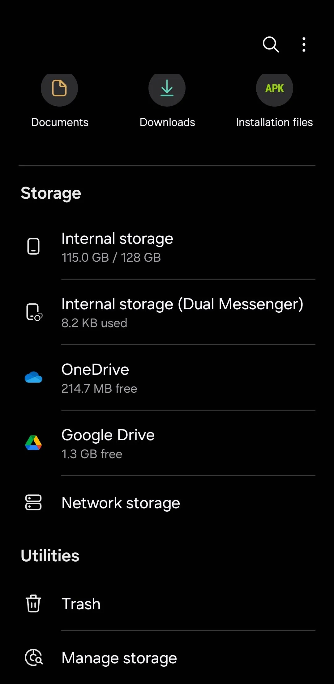 Màn hình chính của ứng dụng Quản lý Tệp Samsung (Samsung Files)