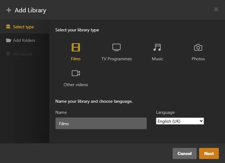 Màn hình đặt tên thư viện khi thêm vào Plex Media Server