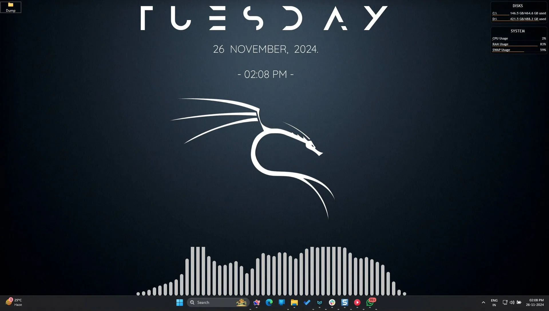 Màn hình desktop Windows 11 được tùy biến với các widget và skin độc đáo từ Rainmeter.