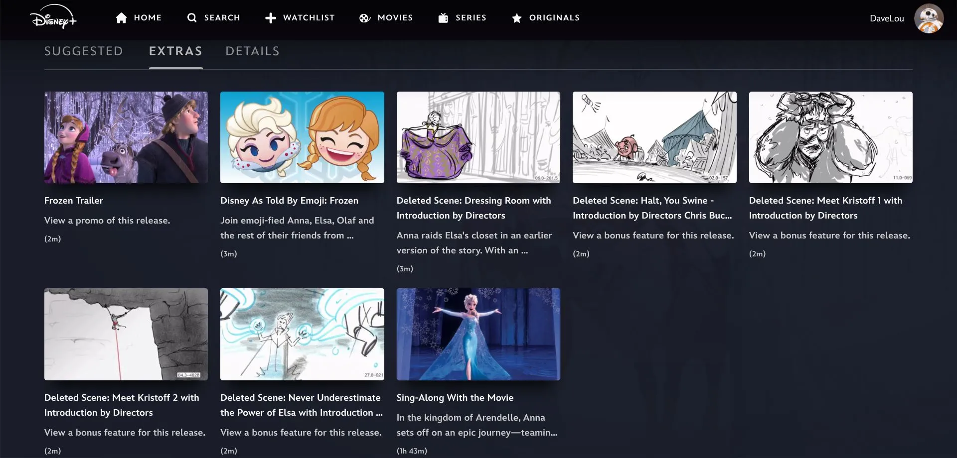 Màn hình Disney Plus hiển thị phần &quot;Extras&quot; cho phim Frozen với các lựa chọn hát theo
