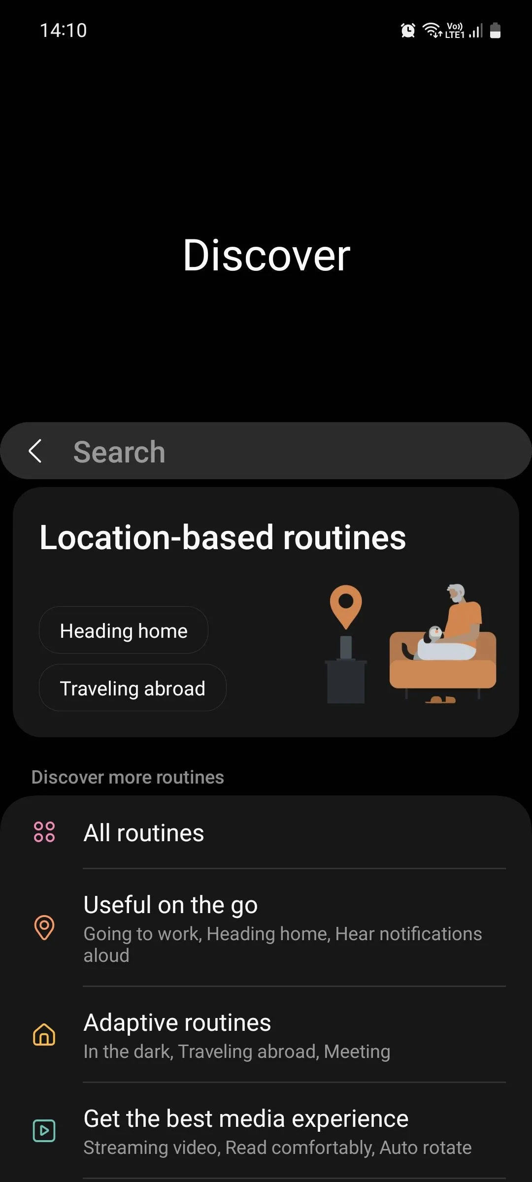 Màn hình giao diện Khám phá tính năng Modes và Routines trên điện thoại Samsung Galaxy