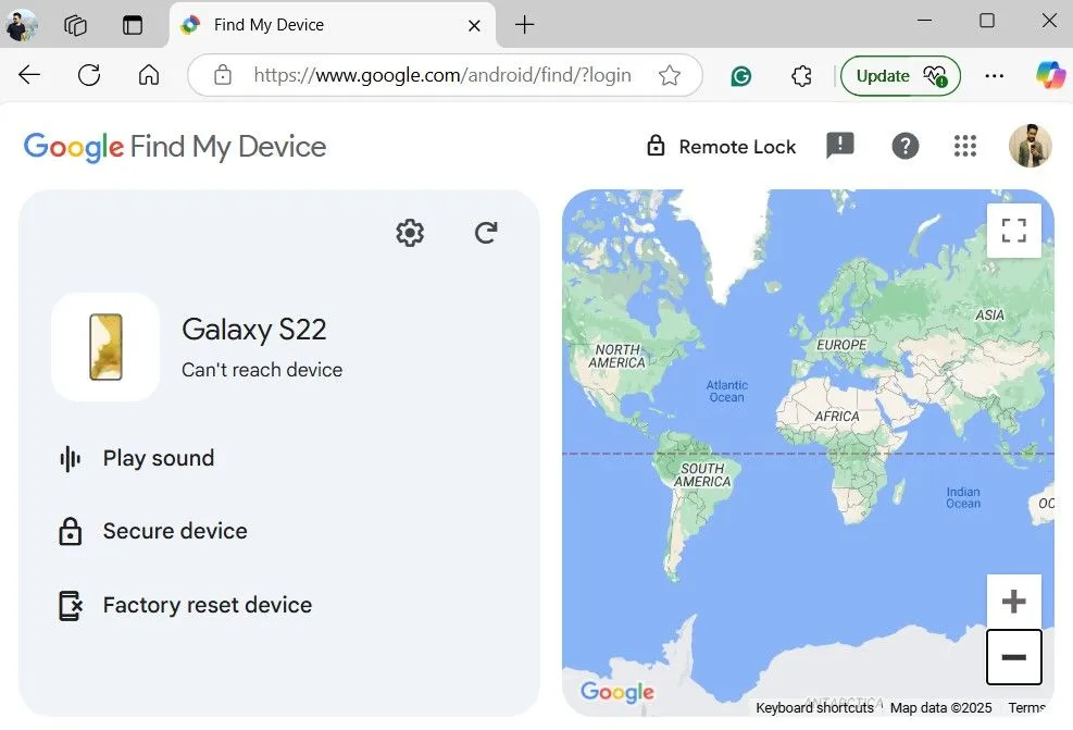 Màn hình Google Find My Device hiển thị lỗi không thể kết nối với thiết bị đã mất, nhấn mạnh sự cần thiết của kết nối mạng khi định vị điện thoại Samsung.
