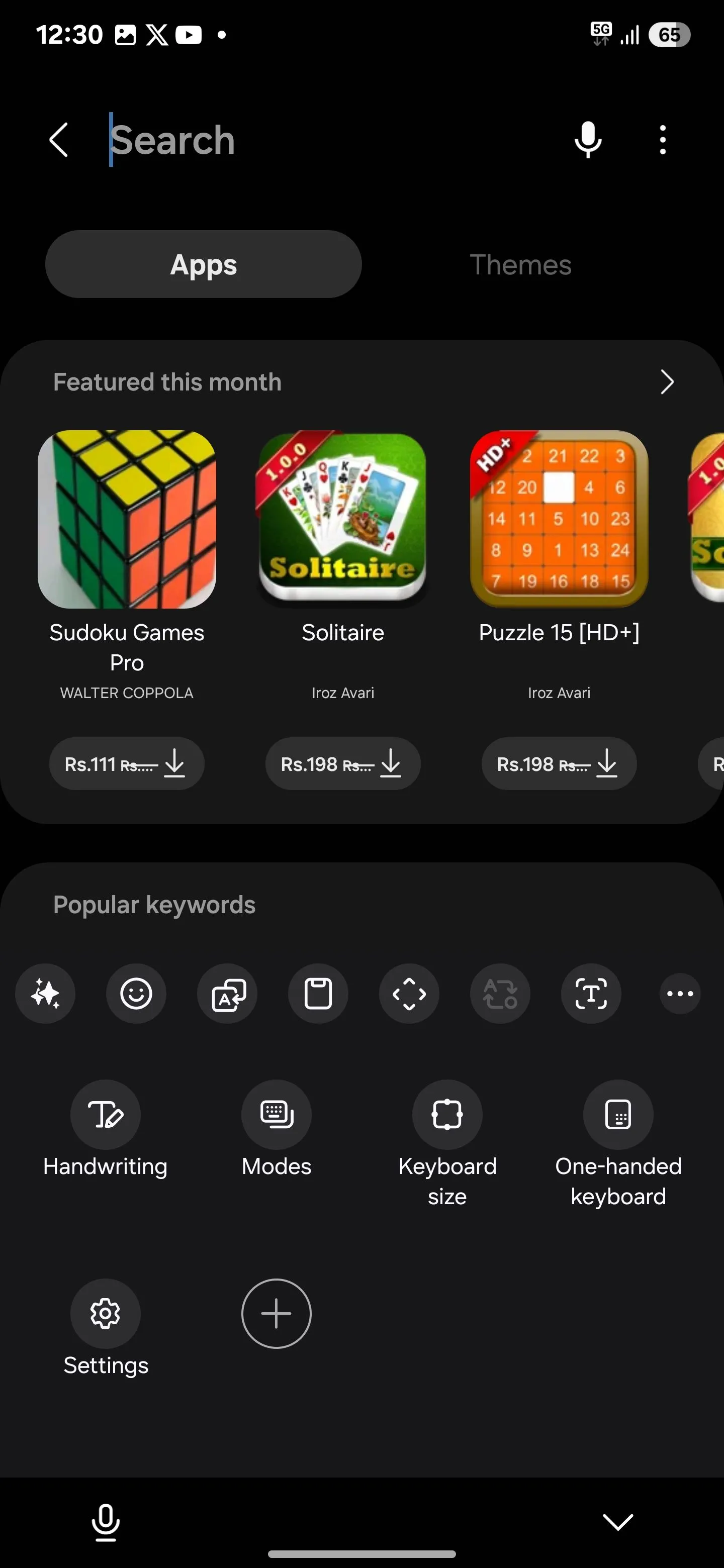 Màn hình hiển thị menu thanh tác vụ của Bàn phím Samsung.